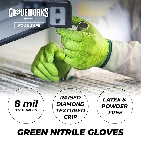 Gloveworks Heavy Duty Industrial 8 Mil Green Nitrile Gloves - 10 Boxes/Case
