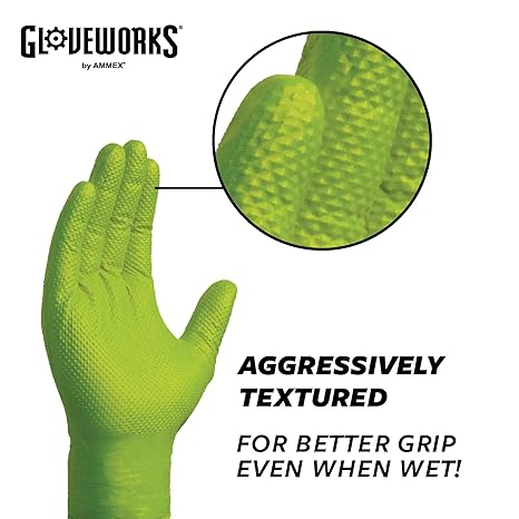 Gloveworks Heavy Duty Industrial 8 Mil Green Nitrile Gloves - 10 Boxes/Case