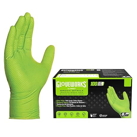 Gloveworks Heavy Duty Industrial 8 Mil Green Nitrile Gloves - 10 Boxes/Case