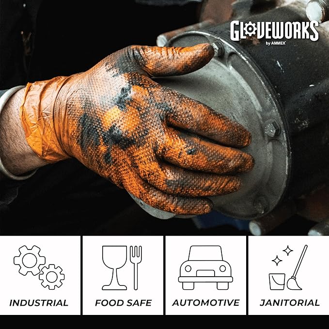 Gloveworks Heavy Duty Industrial 8 Mil Orange Nitrile Gloves - 10 Boxes/Case