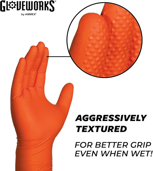 Gloveworks Heavy Duty Industrial 8 Mil Orange Nitrile Gloves - 10 Boxes/Case