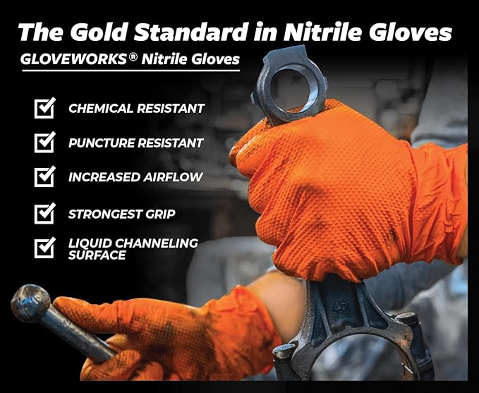 Gloveworks Heavy Duty Industrial 8 Mil Orange Nitrile Gloves - 10 Boxes/Case
