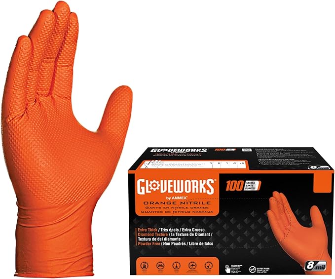 Gloveworks Heavy Duty Industrial 8 Mil Orange Nitrile Gloves - 10 Boxes/Case