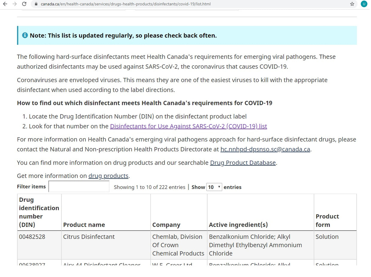 Crown Citrus Disinfectant Health Canada Covid Disinfectant Approved