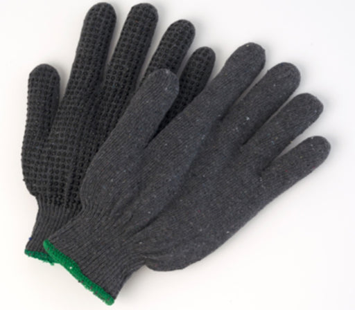 Poly/Cotton Grey String Knit Gloves with Dots - 12 Pairs/Pack