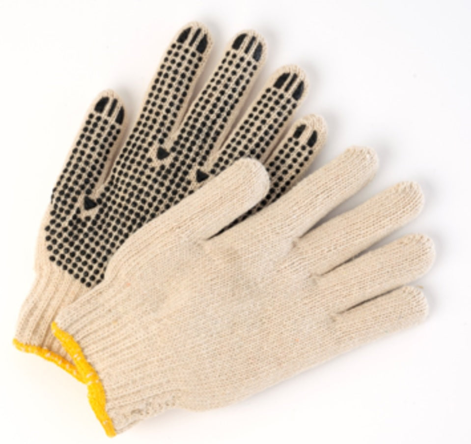 Poly/Cotton Natural String Knit Gloves with Dots - 12 Pairs/Pack