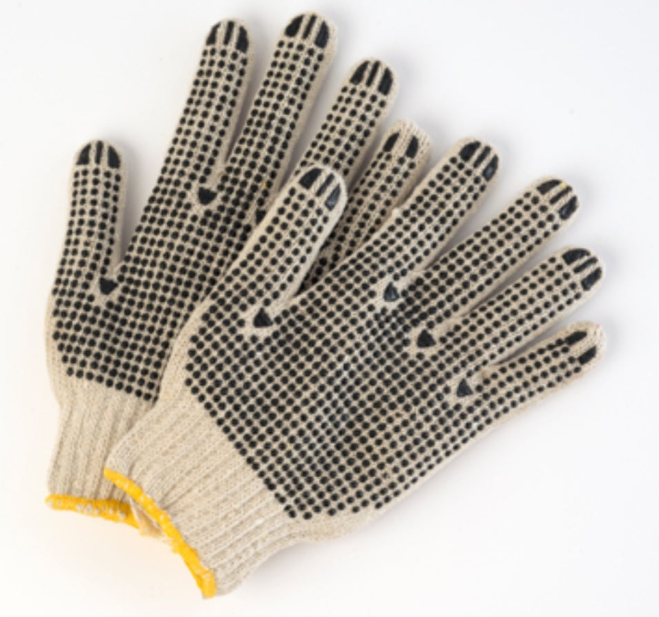 Poly/Cotton Natural String Knit Gloves with Dots on Both Sides - 12 Pairs/Pack