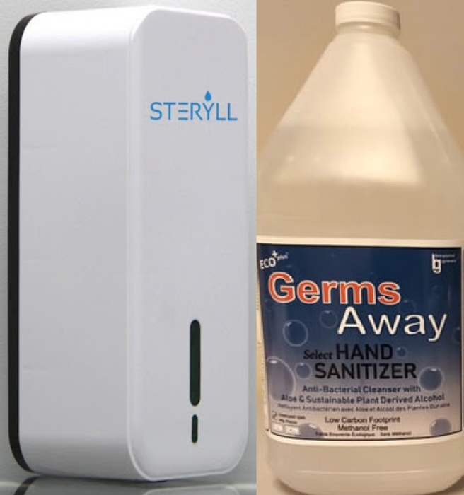 Steryll Automatic Hand Sanitizer Dispenser with 4 L Germs Away Sanitizer Refill - Health Canada Sanitizer Approved
